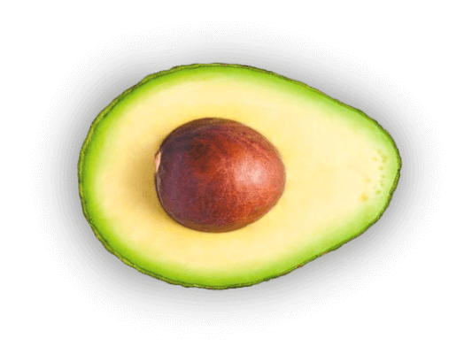 A top down view of a cut in half avocado with the pit.