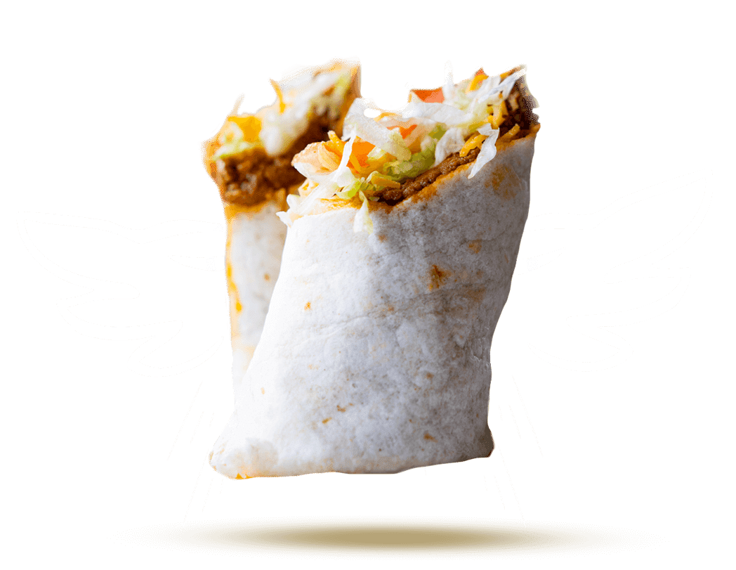 A burrito cut in half, with taco meat, cheese, lettuce and tomato, with cartoon drawn angel wings