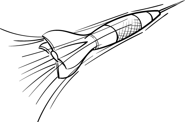 A cartoon drawing of a rocket in black and white