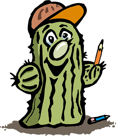 A clipart drawn cactus wearing an orange hat, holding a pencil.
