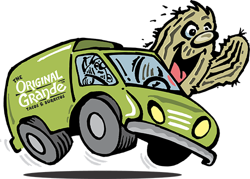 A clipart drawn green car with the Original Grande logo. with a cactus driving sticking his head out the window.
