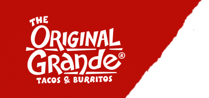 The Original Grande Logo with white wording and a red background