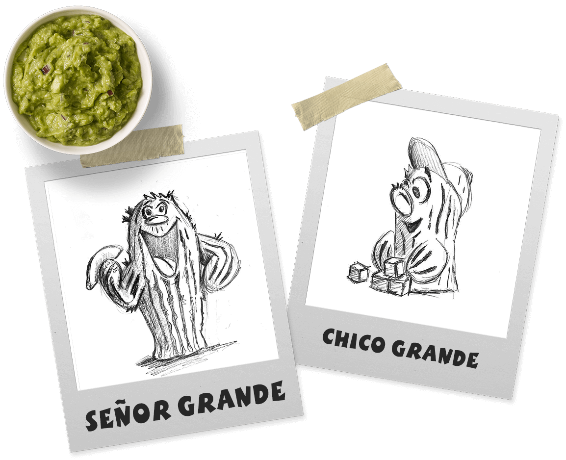 Top down view of a small bowl of guacamole, with two cartoon drawings of cacti.